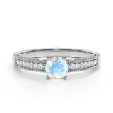 Pave Setting 1.50 Carat European Round Rainbow Moonstone and Diamond Milgrain Engagement Ring in White Gold