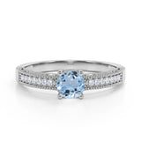 Pave Setting 1.50 Carat European Round Aquamarine and Diamond Milgrain Engagement Ring in White Gold