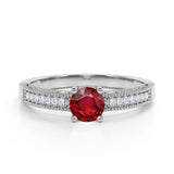 Pave Setting 1.25 Carat Round Lab-Created Ruby and Diamond Milgrain Engagement Ring in White Gold