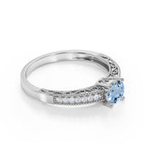 Pave Setting 1.50 Carat European Round Aquamarine and Diamond Milgrain Engagement Ring in White Gold