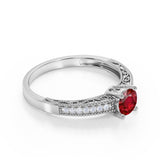 Pave Setting 1.25 Carat Round Lab-Created Ruby and Diamond Milgrain Engagement Ring in White Gold