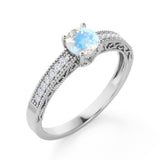 Pave Setting 1.50 Carat European Round Rainbow Moonstone and Diamond Milgrain Engagement Ring in White Gold