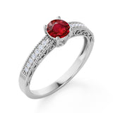 Pave Setting 1.25 Carat Round Lab-Created Ruby and Diamond Milgrain Engagement Ring in White Gold