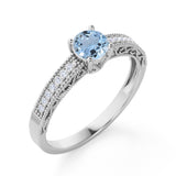 Pave Setting 1.50 Carat European Round Aquamarine and Diamond Milgrain Engagement Ring in White Gold