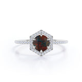 Antique Hexagon Design 1.50 Carat Round Cut Real Dark Red Black Opal and Diamond Halo Engagement Ring in White Gold for Women