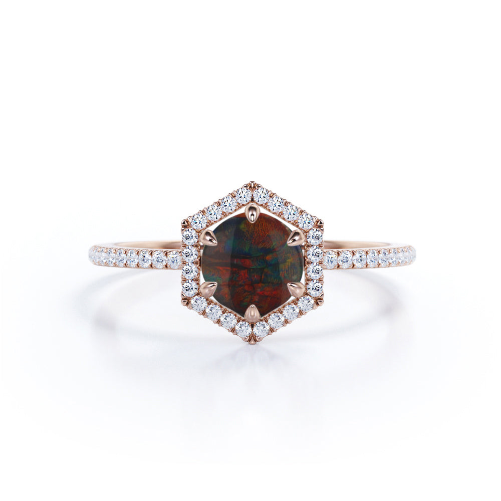 Antique Hexagon Design 1.50 Carat Round Cut Real Dark Red Black Opal and Diamond Halo Engagement Ring in White Gold for Women