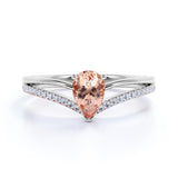 Contoured 1.50 Carat Teardrop Orange Pink Morganite and Split Shank Diamond Engagement Ring in White Gold