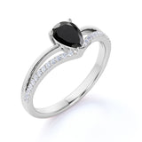 Contoured 1.50 Carat Teardrop Lab Lab Black Diamond and Split Shank Engagement Ring in White Gold