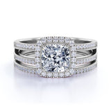 1.50 Carat Princess Cut Moissanite Halo Wedding Set with Art Deco Bands in 18k White Gold Over Silver