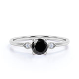 Limited Time Sale 1.35 Carat Round Shape Lab Black Diamond and 3 Stone Vintage Engagement Ring in White Gold