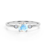 Limited Time Sale 1.35 Carat Round Shape Rainbow Moonstone and 3 Stone Diamond Vintage Engagement Ring in White Gold