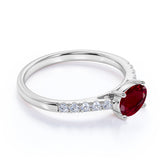 Surface Prong 1.50 Carat Egg Shaped Dark Lab Ruby and Diamond Parallel Engagement Ring in White Gold