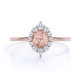 Elegant 0.75 Carat Round Pink Brown Morganite and Diamond Halo Dainty Engagement Ring in Rose Gold