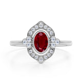 Huge 2 Carat Oval Shaped Lab Ruby and Diamond Antique Engagement Ring in White Gold