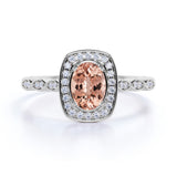 Large 1.50 Carat Elliptical Shape Dark Salmon Morganite and Diamond Art Deco Engagement Ring in White Gold