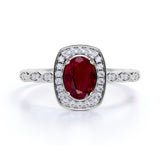 Large 2 Carat Elliptical Shape Lab Ruby and Diamond Art Deco Engagement Ring in White Gold