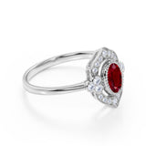 Huge 2 Carat Oval Shaped Lab Ruby and Diamond Antique Engagement Ring in White Gold