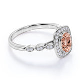 Large 1.50 Carat Elliptical Shape Dark Salmon Morganite and Diamond Art Deco Engagement Ring in White Gold