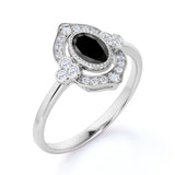 Huge 1.50 Carat Oval Shaped Lab Black Diamond and Antique Engagement Ring in White Gold