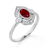 Huge 2 Carat Oval Shaped Lab Ruby and Diamond Antique Engagement Ring in White Gold