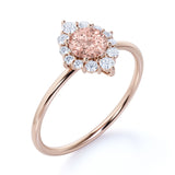 Elegant 0.75 Carat Round Pink Brown Morganite and Diamond Halo Dainty Engagement Ring in Rose Gold