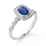 Large 1.5 Carat Elliptical Shape Teal Blue Lab-Created Sapphire and Diamond Art Deco Engagement Ring in White Gold
