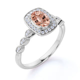 Large 1.50 Carat Elliptical Shape Dark Salmon Morganite and Diamond Art Deco Engagement Ring in White Gold