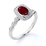 Large 2 Carat Elliptical Shape Lab Ruby and Diamond Art Deco Engagement Ring in White Gold