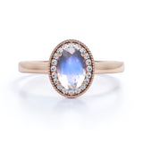 Massive 1.25 Carat Oval Dark Blue Moonstone and Diamond Halo Engagement Ring in Rose Gold