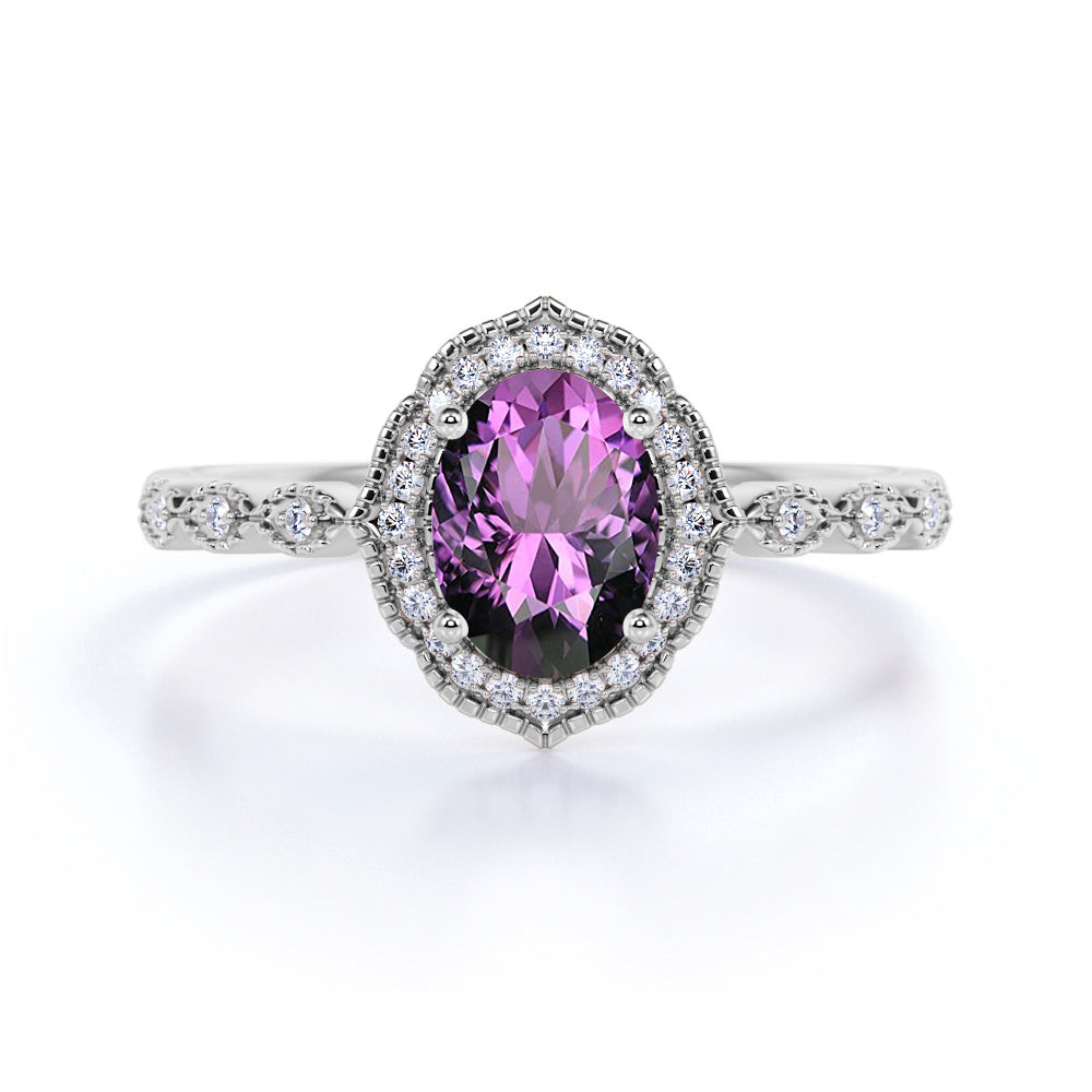 Massive 2.25 Carat Ovate Aura Amethyst and Diamond Modern Art Deco Engagement Ring in White Gold