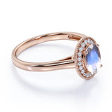 Massive 1.25 Carat Oval Dark Blue Moonstone and Diamond Halo Engagement Ring in Rose Gold
