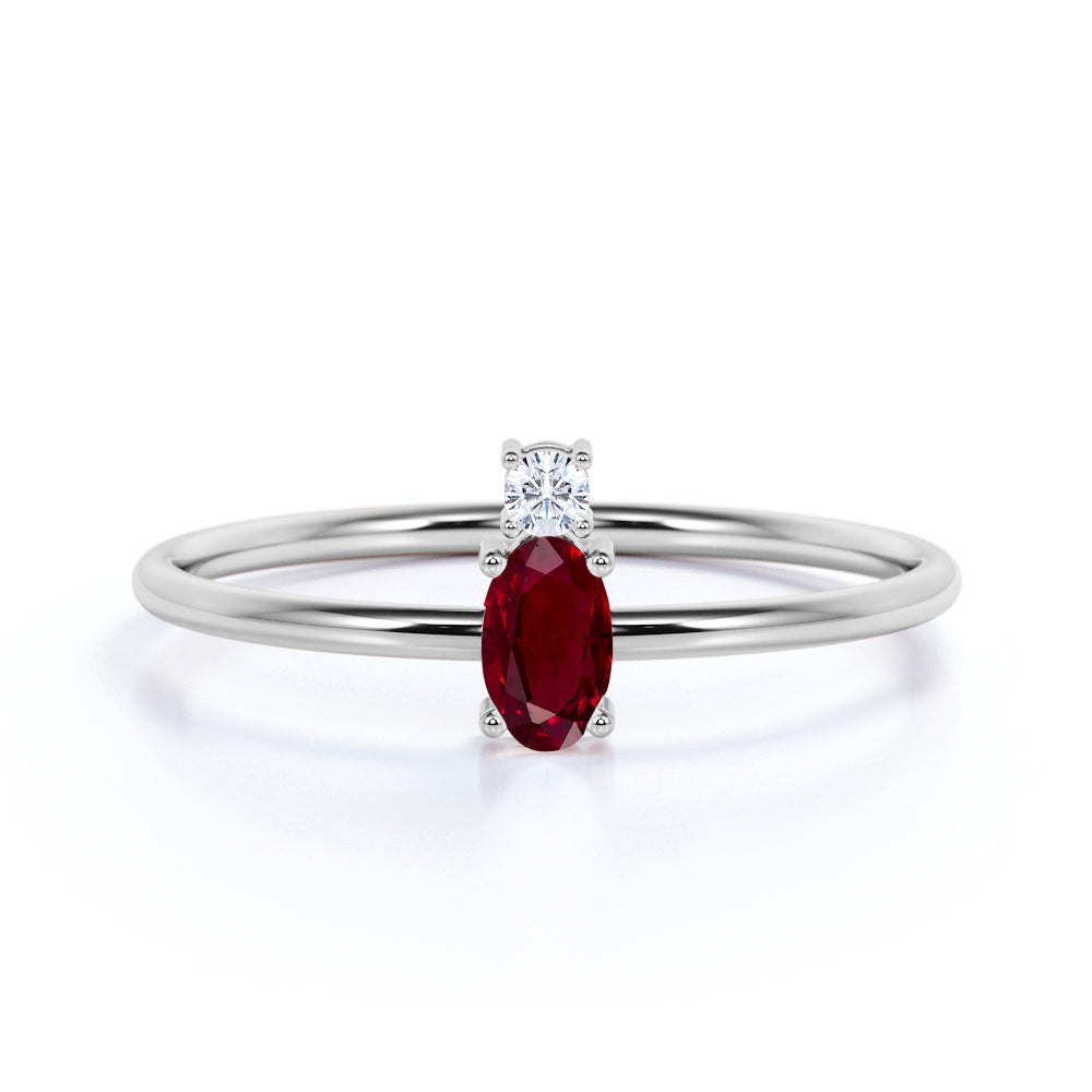 Minimalist Oval Cut Lab-Created Ruby and 2 Stone Diamond Engagement Ring in White Gold
