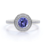 Big 2 Carat Round Shape Blue Violet Tanzanite and Diamond Antique Milgrain Engagement Ring in White Gold