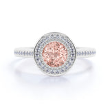 Big 1.50 Carat Round Shape Peachy Pink Morganite and Diamond Antique Milgrain Engagement Ring in White Gold