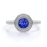 Big 2 Carat Round Shape Dark Sky Blue Sapphire and Diamond Antique Milgrain Engagement Ring in White Gold
