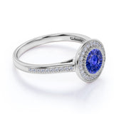 Big 2 Carat Round Shape Dark Sky Blue Sapphire and Diamond Antique Milgrain Engagement Ring in White Gold