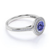 Big 2 Carat Round Shape Blue Violet Tanzanite and Diamond Antique Milgrain Engagement Ring in White Gold
