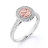 Big 1.50 Carat Round Shape Peachy Pink Morganite and Diamond Antique Milgrain Engagement Ring in White Gold