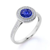 Big 2 Carat Round Shape Dark Sky Blue Sapphire and Diamond Antique Milgrain Engagement Ring in White Gold