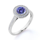 Big 2 Carat Round Shape Blue Violet Tanzanite and Diamond Antique Milgrain Engagement Ring in White Gold