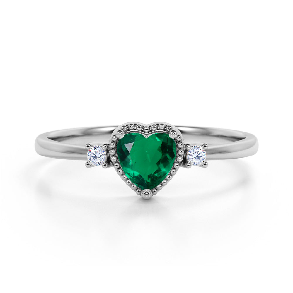 Lovely Valentines 1.35 Carat Heart Shaped Emerald and 3 Stone Diamond Classic Engagement Ring in White Gold
