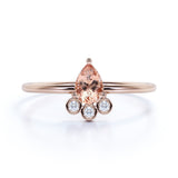 Dainty Bezel Set Set Pear Shape Pinkish Orange Morganite and Diamond Unique Engagement Ring in Rose Gold