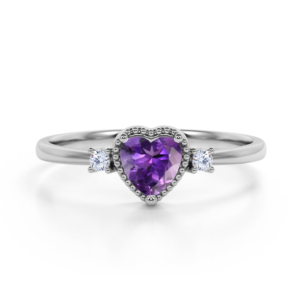 Lovely Valentines 0.6 Carat Heart Shaped Amethyst and 3 Stone Diamond Classic Engagement Ring in White Gold