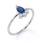 Dainty Bezel Set Pear Shape Peacock Blue Sapphire and Diamond Unique Engagement Ring in White Gold