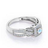 Extravaganza Milgrain Bordered - 1.45 Carat Round Brilliant Cut Moonstone and diamond - Halo Pave Channel Engagement Ring in White Gold