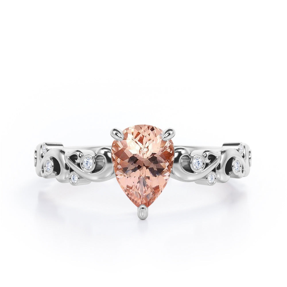 Vintage Style Scroll 0.5 carat Pear Morganite and Diamond Engagement Ring in Rose Gold