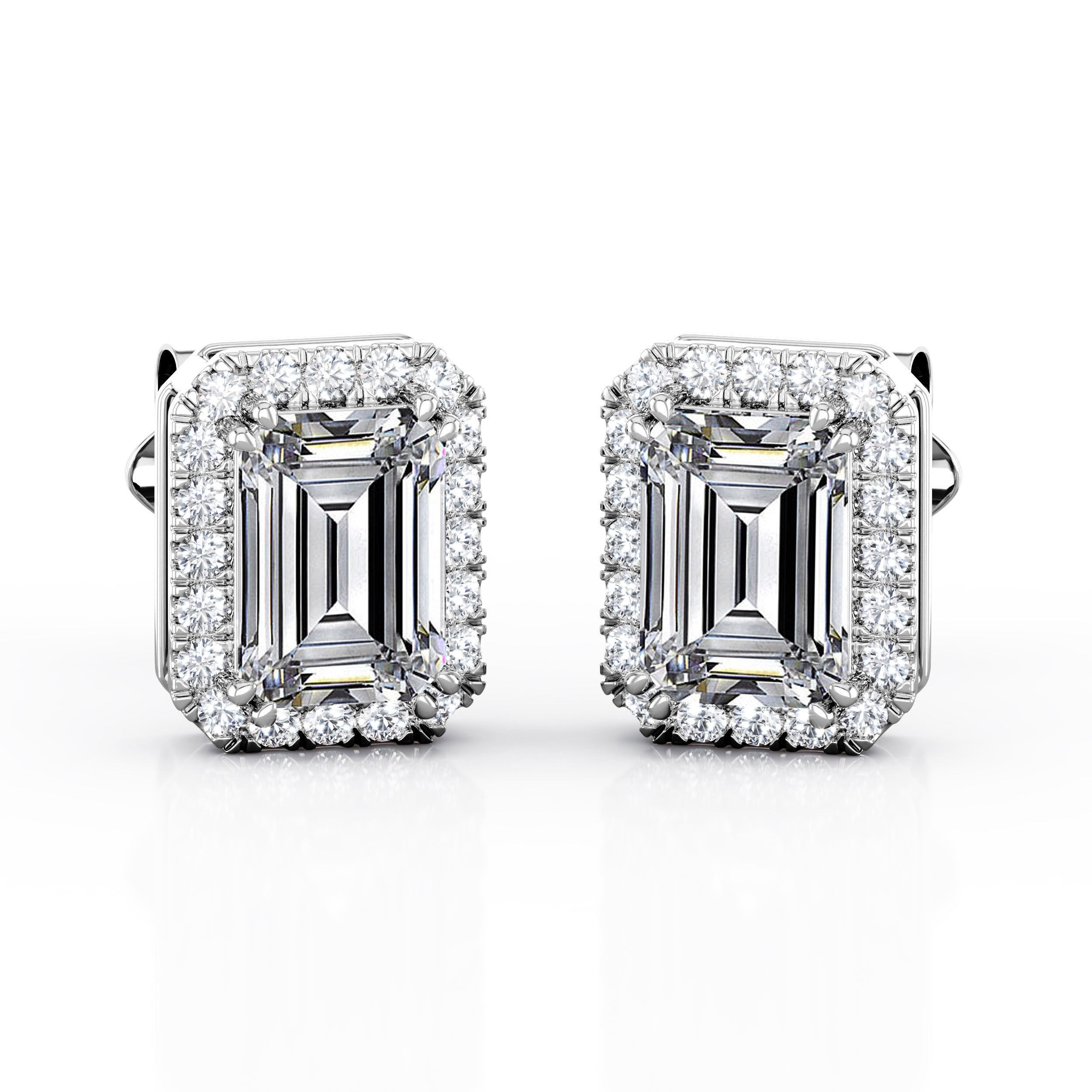 Antique Double Prong 2.10 Carat Emerald Cut Certified Moissanite and Diamond Halo Stud Earrings