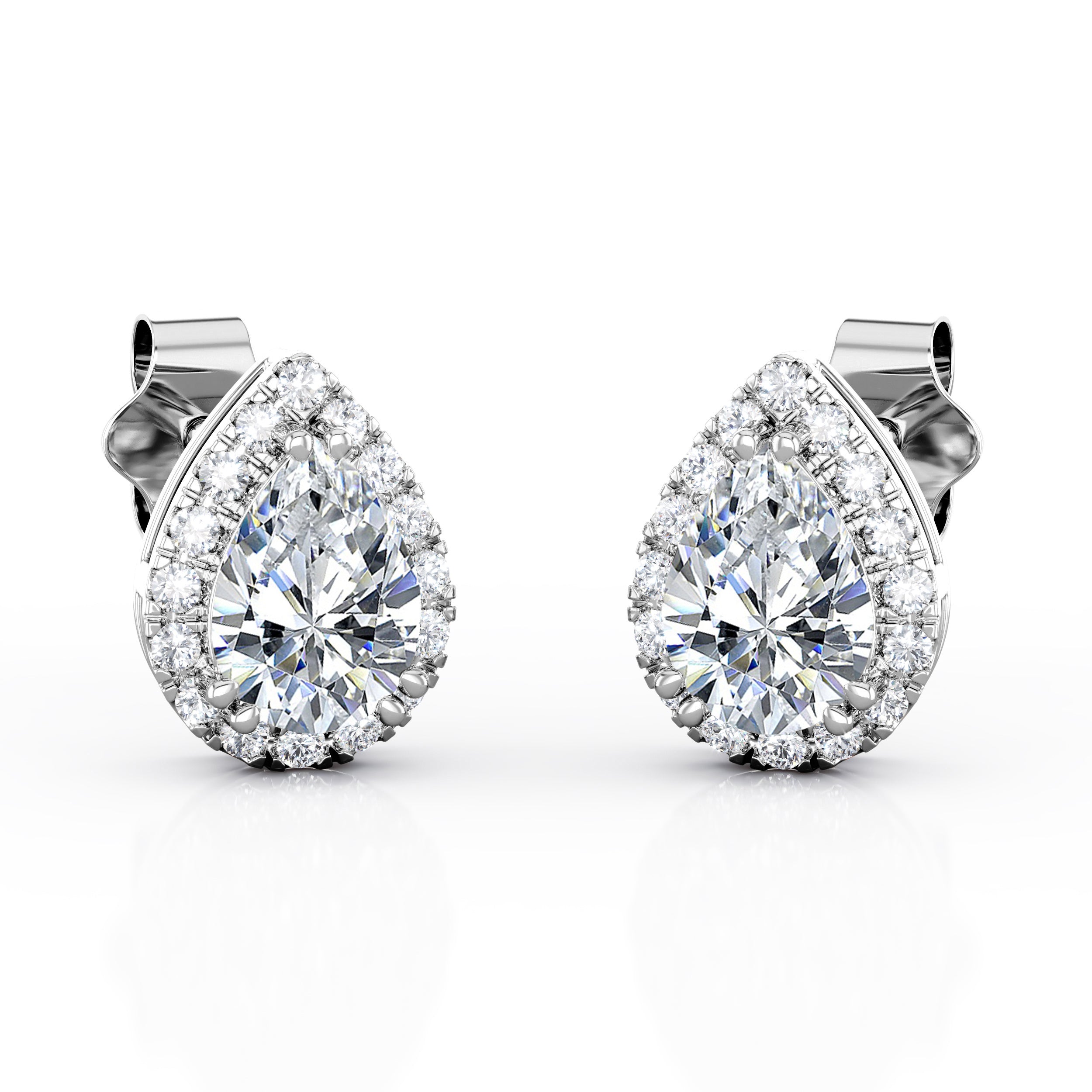 Classic Double Prong 1.10 Carat Pear Certified Moissanite and Diamond Halo Pave Stud Earrings in Yellow Gold