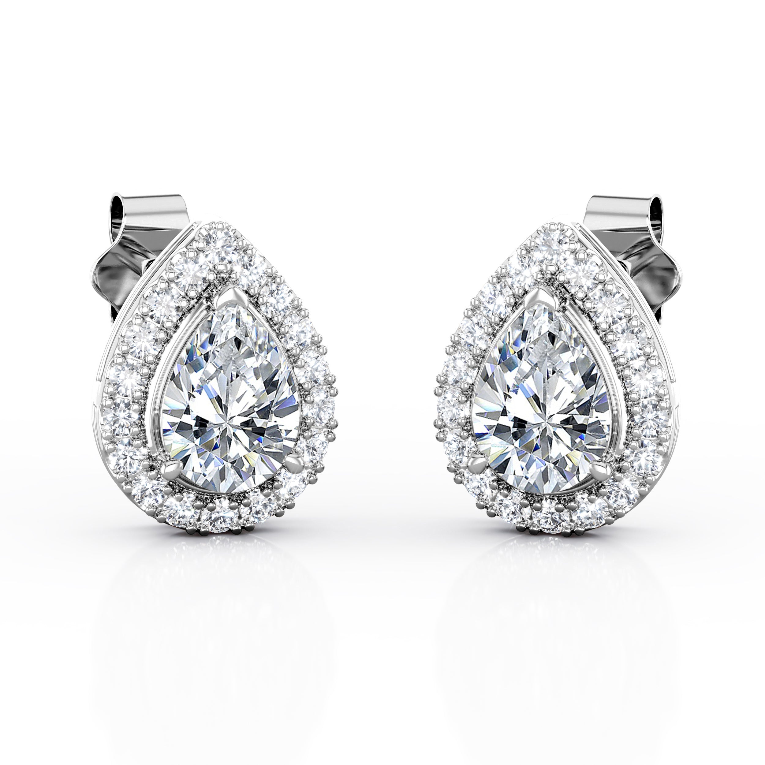 Half Bezel Basket Set 1.10 Carat Pear Shape Certified Moissanite and Diamond Encrusted Frame Ear Studs in Yellow Gold