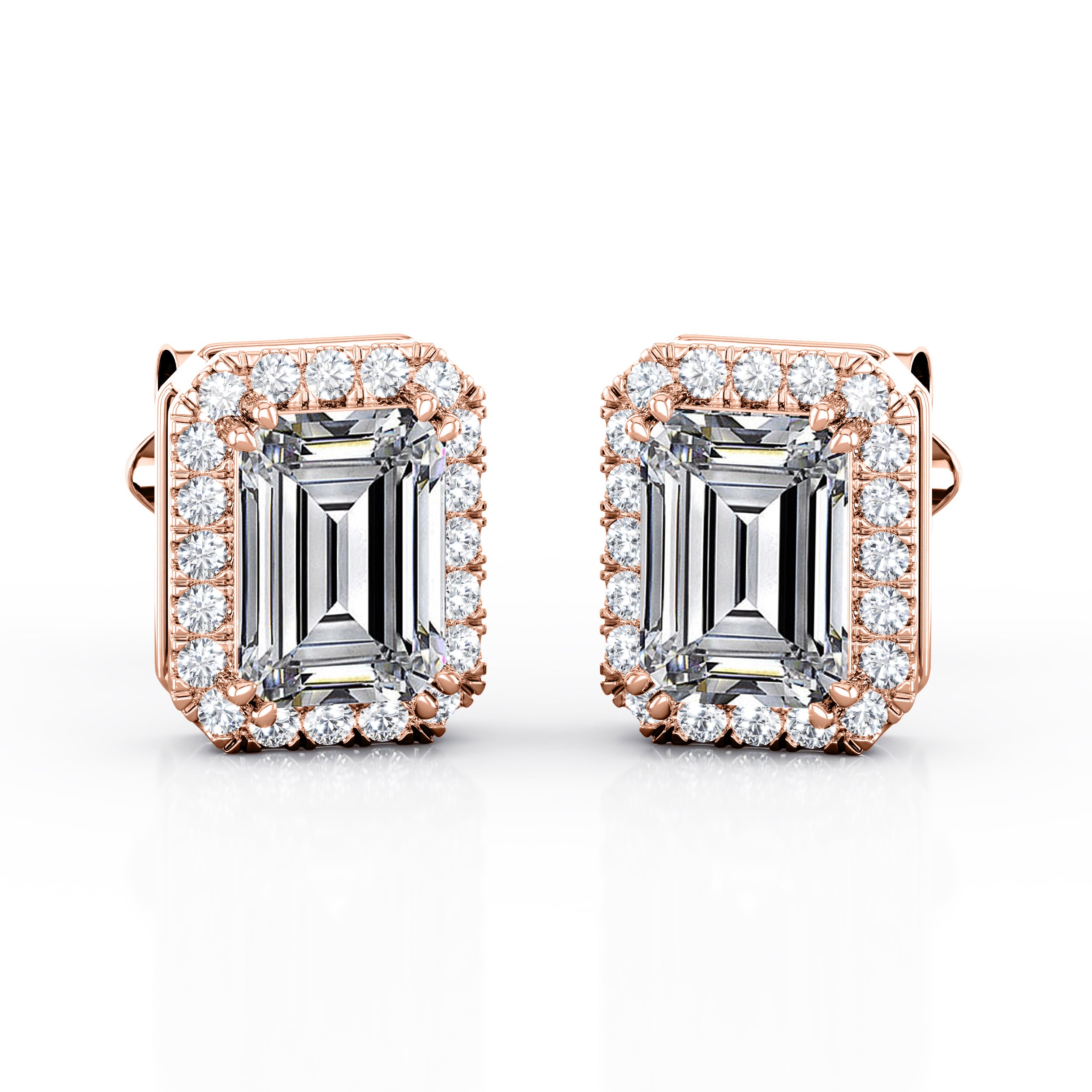 Antique Double Prong 2.10 Carat Emerald Cut Certified Moissanite and Diamond Halo Stud Earrings